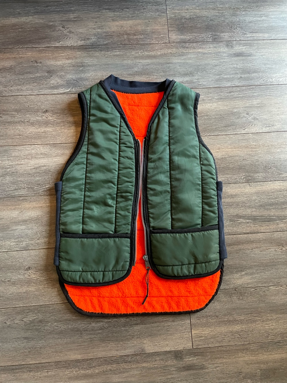 Reversible Olive Green and Bright Orange Quilted Vest